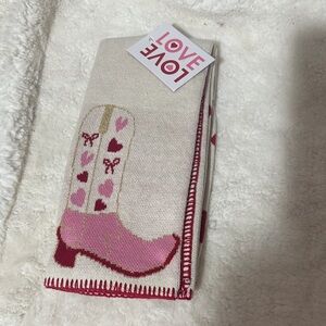 Set up two kitchen towels with cowboy girl, boots and bows and hearts 16” x 24”